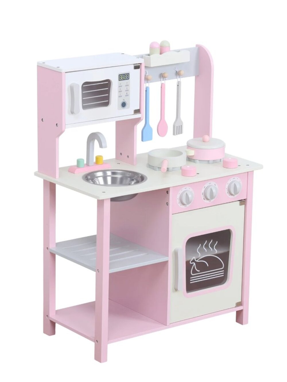 Kids Wooden Play Kitchen Set, Pink Pretend Cooking Toy with Accessories - Picture 8 of 16